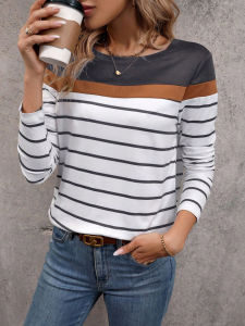 [Local Stock] ZEEMIN Stripe Color Block 3d Print Long SleeveT-Shirt Casual Womens Clothing Long Sleeve T-shirt Fashion Oversized Tops Tees Female
