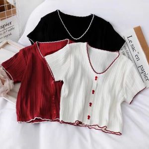 Summer Women Korean Style Fashion Slim Knit Short Sleeve Crop Top T-shirt