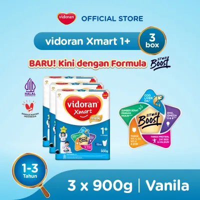 vidoran Xmart 1+ Vanilla 900r Susu Formula Pertumbuhan Anak 1-3 Tahun - 3 box (Exp : 07.2027)