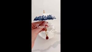 Umbrella Tea Infuser Ceramic Tea Strainer Umbrella Shape Diffuser-Tea Accessories Blue and White Porcelain Cup Filter Loose Leaf Tea with Matching Base Traditional Oriental Kung Fu