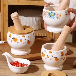 GAOSU Internal Thread Ceramic Mortar Ceramic Labor Saving Manual Mortar Garlic Pounder Flower Pattern Garlic Mortar Household