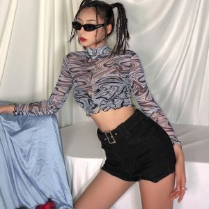 Korean🧧 เสื้อซีทรูลายกราฟฟิคสีฟ้า แขนยาวคอเต่า