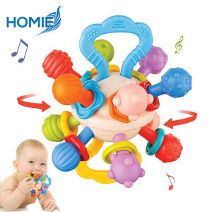 HOMIE Rotating Rattle Ball Toy Silicone Teether/Montessori Sensory Food Grade Teething Toys(Age 0+m)
