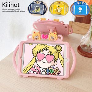 Handle IPad Case for Kids Silicone Cartoon Cute IPad Air 5 4 3 2 1 Cover for IPad 5th 6th 7th 8th 9th 10th Gen Case with Strap for IPad Pro 9.7 10.5 11 2021 2022 Mini 6th 5th 4th Generation Casing