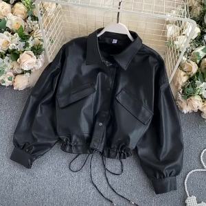 Time-limitedK-style Retro BF Style Loose Leather Coat Womens Retro Large Pocket Silm Short Motorcycle JacketL731