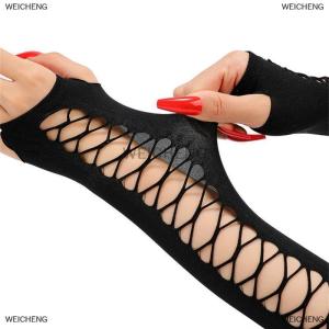 [COD] WEICHENG Vintage Party Cosplay Mesh Stretch Gloves Nightclub Dancing Half-Finger Fun Fishnet Mittens Womens Long Broken Hole Arm Sleeve