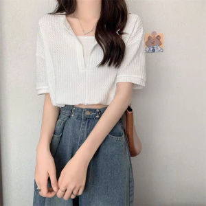 IELGY short-sleeved t-shirt womens design sense niche waffle korean version loose v-neck short top