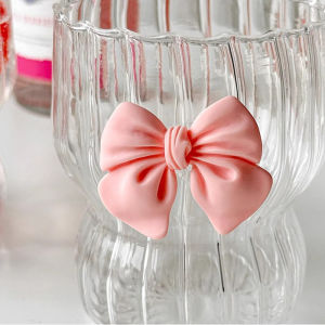 [Alex Do] Hot Sale Pink Bow Glass Cute Water Cup Cartoon Bow Glass Cup Striped Cute Doodle Coffee Mug Household Fruit Tea Lemonade Girls Gift
