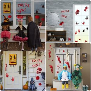 ANQII Bloody Handprint Footprint Halloween Decorative Stickers Skull Pattern Multicolor Halloween Window Decals Removable Scene Ornament Electrostatic Sticker Halloween Party