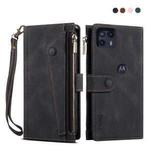 แบบพับสุดหรูขาตั้งเคสหนังสำหรับ Moto G10/G20/G22/G30/G50 5G/G60S/E20 E30 E40/G31 G41/G Stylus 5G/Edge 20 Lite Pro 2021 S30 X30ซิปเคสโทรศัพท์ไอโฟนแบบหนังพร้อมช่องเสียบสายรัดสั้นเชือกยาวบัตร RFID