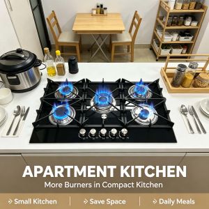 90CM 5 Burner Tempered Glass Built-in Gas Stove Heavy Duty Cast Iron Grate Automatic Pulse Ignition Flame Out Safety Protection Large Cooktop For Family Kitchen & Carinderia Commercial Use