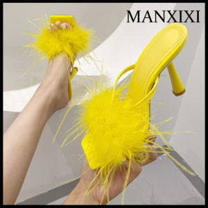 MANXIXI Thời Trang Phụ Nữ Cao Gót 3.93 Inches Đẹp Đầy Màu Sắc Lông Dép (Kích Thước 35-41)