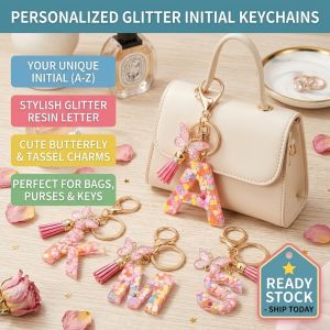 Pink Sparkle Resin Keychain 26 Letter Initial Keychain Butterfly Charm Cute Girly Accessory Bag Pendant Keyring Gift for Women Girls Friends