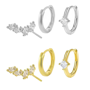 3pcs Elegant Gold Plated Copper Earrings Set Zirconia Helix Flat Piercing Ear Studs Earring Ear Accessories for Party