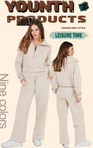 Casual Zipper Long Sleeve Hoodie and Wide Leg Pants Two-Piece Set Sportswear