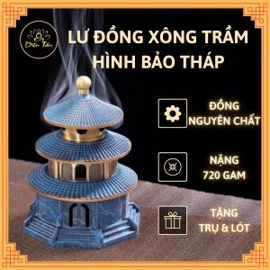 Lư xông trầm Diệu Tâm đồ thờ cúng bằng đồng hình bảo tháp sơn xanh phụ kiện trang trí ban thờ bàn làm việc Diệu Tâm