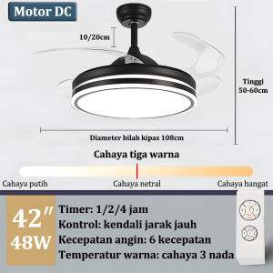 GOGEOUS Lampu kipas angin gantung plafon ruang tamu modern kipas lampu gantung hias 2in1 3 warna 6 kecepatan 42 inci meja makan kamar tidur balkon lampu kipas angin remote