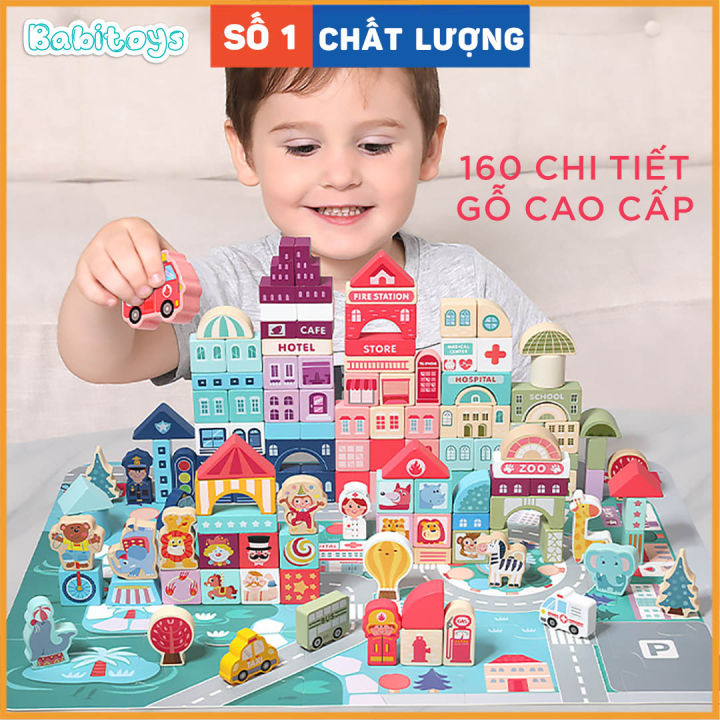 Bộ xếp hình khối mô hình thành phố thu nhỏ bằng gỗ, có tranh ghép nền ...