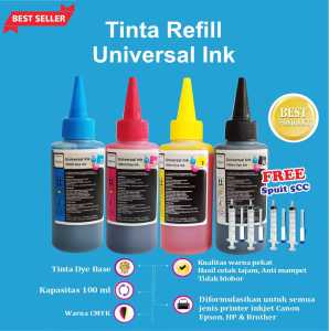1 Set tinta 4 warna universal 100ml for Epson Canon HP Dye Ink + Spuit