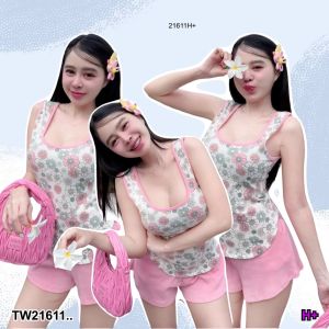 TW21611 Set 2 ชิ้น เสื้อกล้ามกุ้นขอบ + กางเกงขาสั้น ..