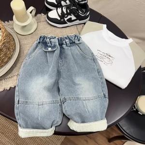 G72025 New Autumn Childrens Pants Boys Jeans Fashionable Retro Loose Pants for Kids Washed and Distressed Long Pants 7/7