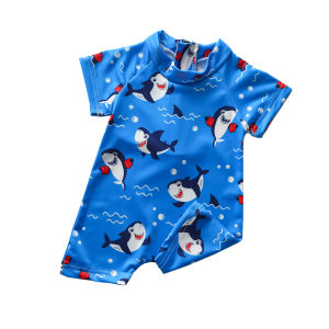 [Local Delivery] Baby Boys One-Piece Swimsuit polyester casual 3D Shark Sun Protection Bathing Suit for Summer 0-5Years