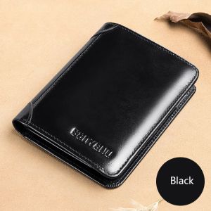 Men Wallet Genuine Leather Short Vertical Trifold Wallet for Men Rfid with Free Box Black Coffee Color