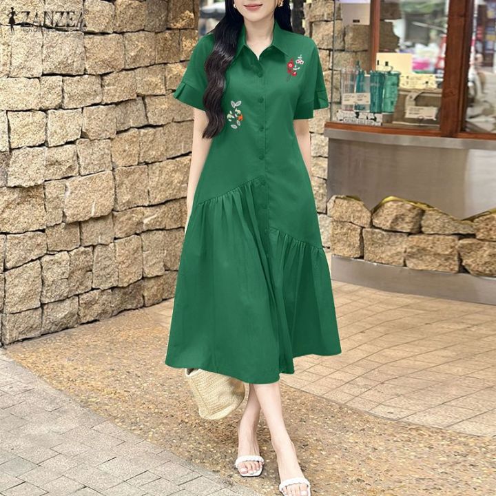 ZANZEA Korean Style Women Elegant Short Sleeve A-Line Dresses Lapel Midi Ruffled Floral Embroidery Dress #1020 | Lazada Singapore ZANZEA Korean Style Women Elegant Short Sleeve A-Line Dresses Lapel Midi Ruffled Floral Embroidery Dress #1020 | Lazada Singapore