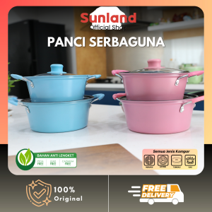 Sunland Panci Sup Enamel Panci Mie dengan Tutup Kaca Soup Pot