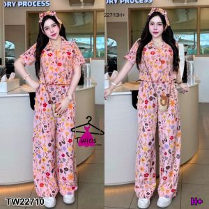 S22710  Set 3 ชิ้น ลายดอกไม้ เสื้อเชิ้ตแบบครอป + กางเกงขายาว กับสายผูก