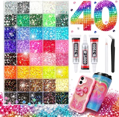 40000Pcs 40 Colors Bedazzling Kit Jelly Rhinestones for Bedazzling Crafting 3mm Resin Flatback Gems for Diamond Art Bedazzler Kit with 3Pcs 10ml B7000 Jewelry Glue for Bedazzle Shoes Books Nail Art