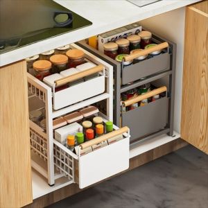 FEELDG Sliding Drawer Basket Rack Double-layer Pull Out Under Sink Rack Organizer Multipurpose with Wooden Handle Kitchen Storage Rack Kitchen Cabinet