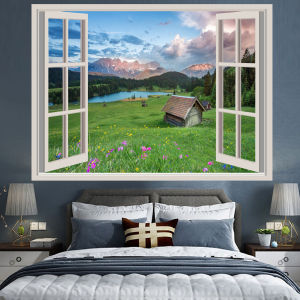 ผ้าพื้นหลังหน้าต่างวิวทะเล  ins ผ้าแขวนห้องนอนหัวเตียงทะเลดอกไม้ภาพวาดทิวทัศน์ผนังผ้าตกแต่งห้องกลางคืนพรมแขวน