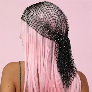 YISHA JEWELRY Hair Band Sweet Bohemian Hair Nets Summer Hollowed Out Headwrap Rhinestone Headband Women Hair Scarf Bling Turban Mesh Head Scarf Cap