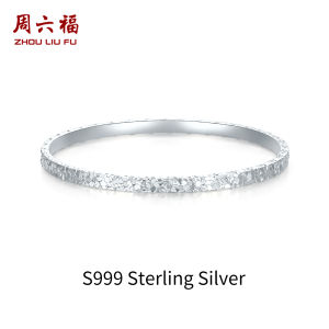 ZHOU LIU FU 周六福 S999 Pure Silver Bangle Simple Cuff Bracelet Hypoallergenic Slim Jewelry for Women D1014856/D1014156