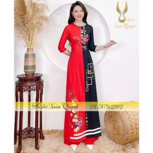 Áo Dài Lụa Habutai Hoạ Tiết Hoa Hồng Phối Màu Đen Đỏ K83 - Áo Dài Xuân Quỳnh