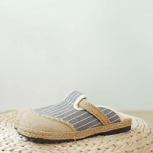 [FreeShipping] 2026 New Vertical Stripe Home Cotton Linen Embroidered Shoes for Women Non-Slip TPR Soft Sole Slippers Handmade Shoes