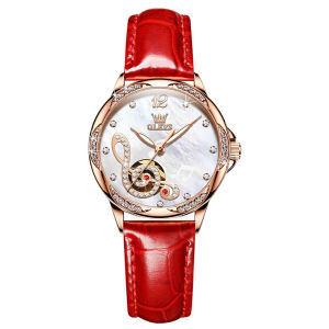 OLEVS 6656 Women Fashion Mechanical Watch Gift Genuine Leather Watchband Round-dial Wristwatch Luminous