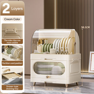 AUMU 2/3Layers Kitchen Plastic Dish Drainer Drying Rack With Cover Dish Cabinet Foldable Plates Storage Cabinet