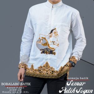 Baju Kemeja Pria Lengan Panjang Semar | Batik Putih Lapis Furing Motif Semar | Hem Katun Laki-Laki Dewasa