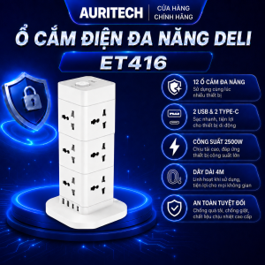 Ổ Cắm Điện Hình Trụ Deli CT416 Màu Trắng Dây Dài 4M 12 ổ + 2 USB + 2 Type C Công Suất 2500W