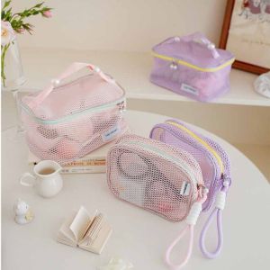 YISHA Solid Color Mesh Cosmetic Bag Large Capacity Zipper Transparent Makeup Bag Portable Organizer Case Pillow Makeup Pouch Travel