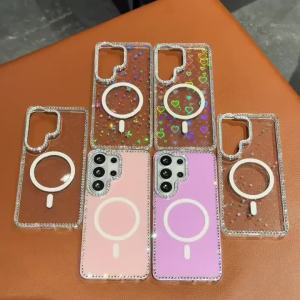 Bling Diamond Glitter Case for Samsung Galaxy S26 Ultra S25 S24 Plus FE S23 Ultra Magnetic for MagSafe Shining Heart Stars Cover