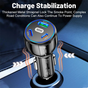 90W PD 3.0 QC 3.0 Fast Charging Car Charger 3-in-1 USB-C Type-C USB Mobile Phone Car Adapter Fireproof Design