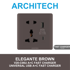 ARCHITECH Elegante Brown V20-C06U A+C FAST CHARGING Stop Kontak - Universal A+CFAST