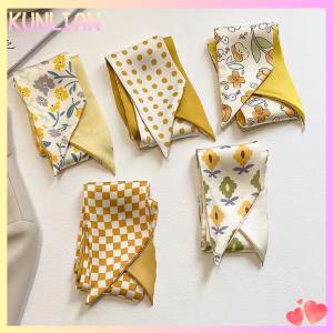 [KUNLIAN] 2 5ชิ้นตกแต่งมัลติฟังก์ชั่นเรโทรสีเหลืองผ้าพันคอผ้าไหมขนาดเล็กผ้าพันคออารมณ์ริบบิ้นยาวที่คาดผมโบว์เครื่องประดับผม