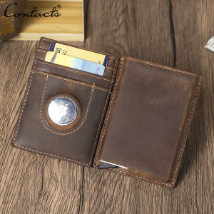 CONTACTS Genuine Leather Card Holder for Men Aluminum Alloy Wallets with Airtag Slot RFID Blocking Anti-theft Card Magic Wallet