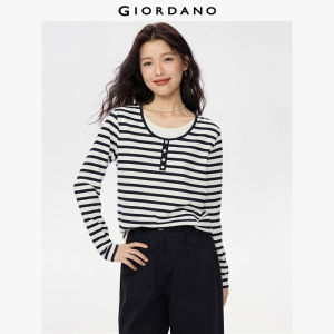Giordano Women 100% Cotton fake 2-piece stripe long sleeve tee Free Shipping 05325793