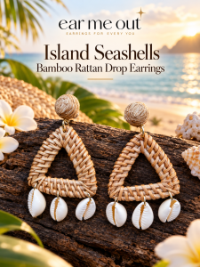 [SG] Island Seashells Bamboo Rattan Drop Earrings | Handwoven Triangle Cowrie Shell Earrings | Boho Beach Resort Jewellery | Tropical Vacation Earrings | ear me out (EMO-358)