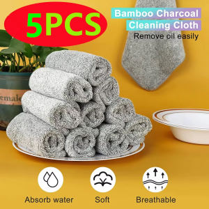 5PCS Bamboo Charcoal fiber absorbent dish washing cloth kitchen cleaning scouring pad  Anti-grease rag Dishcloth Kitchen Towel Absorbent Non-stick Oil Home Cleaning Dish Cloth Household Goods